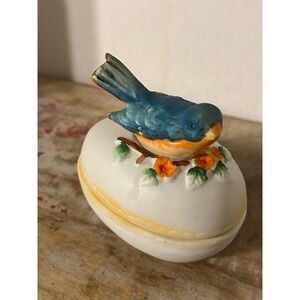 Blue‎ Bird Decorated Dresser Jar or Jewelry Box, Beautiful Egg-Shaped Bisque